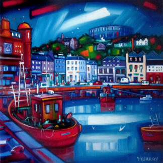 A colorful, stylized painting of a coastal town with buildings and boats reflected on the water at twilight or night. By Raymond Murray